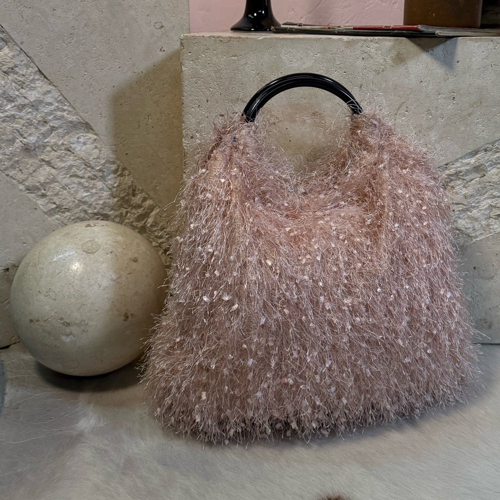 Blush Pink Textured Handbag | Faux Fur Y2K Statement Bag | Acrylic Handle